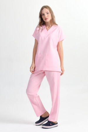 Doktor Hemşire Forması Scrubs Takım Pembe Alpaka