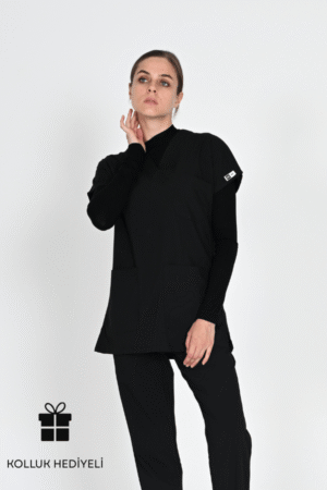 Tesettür Yarasa Kol Doktor Ve Hemşire Forması Scrubs Takım 75cm Siyah