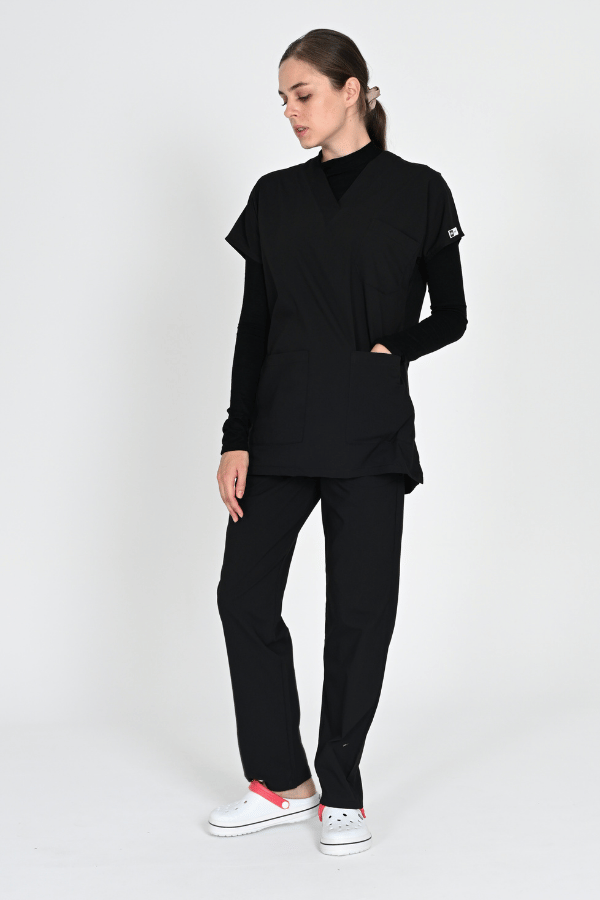Tesettür Yarasa Kol Doktor Ve Hemşire Forması Scrubs Takım 75cm Siyah - Görsel 2