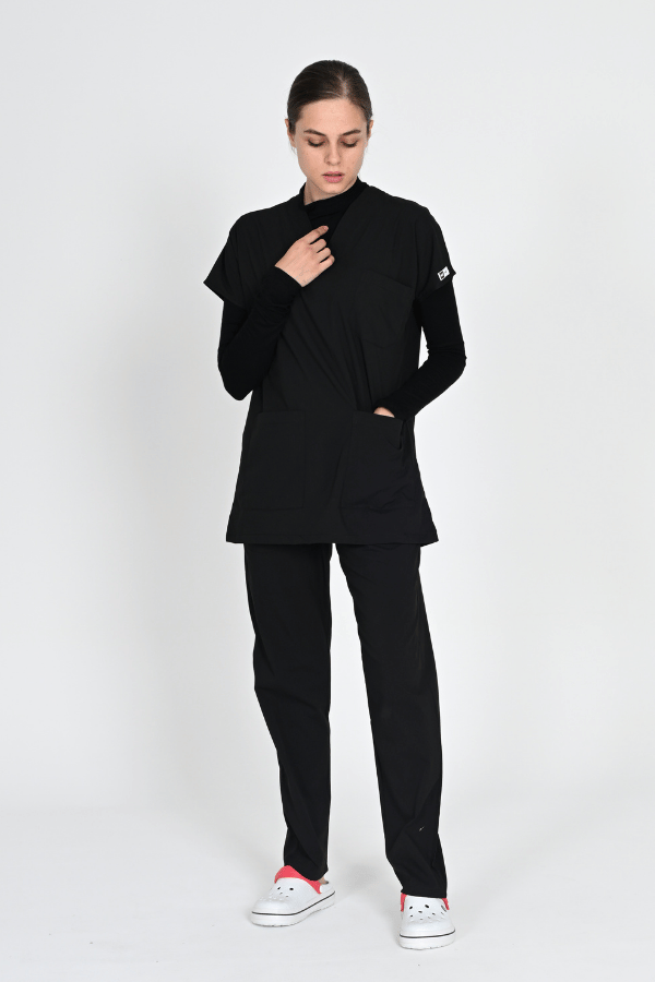 Tesettür Yarasa Kol Doktor Ve Hemşire Forması Scrubs Takım 75cm Siyah - Görsel 3