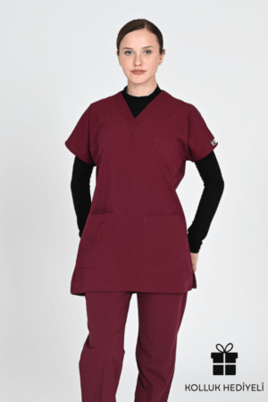 Tesettür Yarasa Kol Doktor Ve Hemşire Forması Scrubs Takım 75cm Bordo