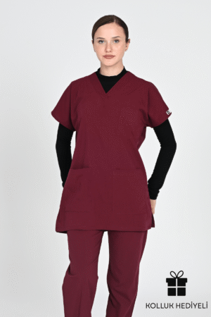 Tesettür Yarasa Kol Doktor Ve Hemşire Forması Scrubs Takım 75cm Bordo