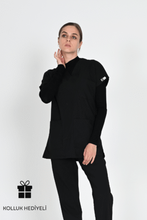 Tesettür Yarasa Kol Doktor Ve Hemşire Forması Scrubs Takım 75cm Siyah